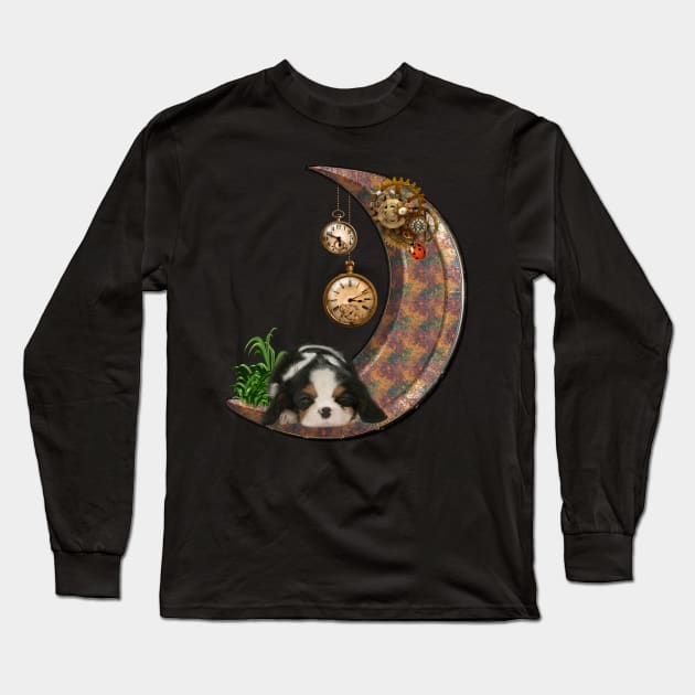 Steampunk moon with little puppy clocks and gears Long Sleeve T-Shirt by Nicky2342
